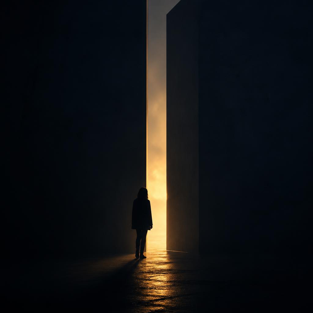 Un umbral iluminado en la oscuridad: la imagen del momento antes de actuar.